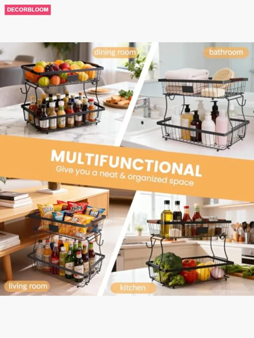 2-Tier Stackable Wire Basket with Banana Hooks, Pantry Organizer for Kitchen
